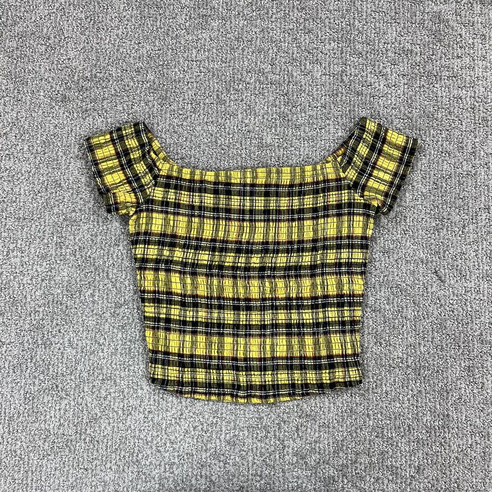 Hot Topic Top Womens Medium Yellow Plaid Smocked Crop Square Neck Punk Grunge